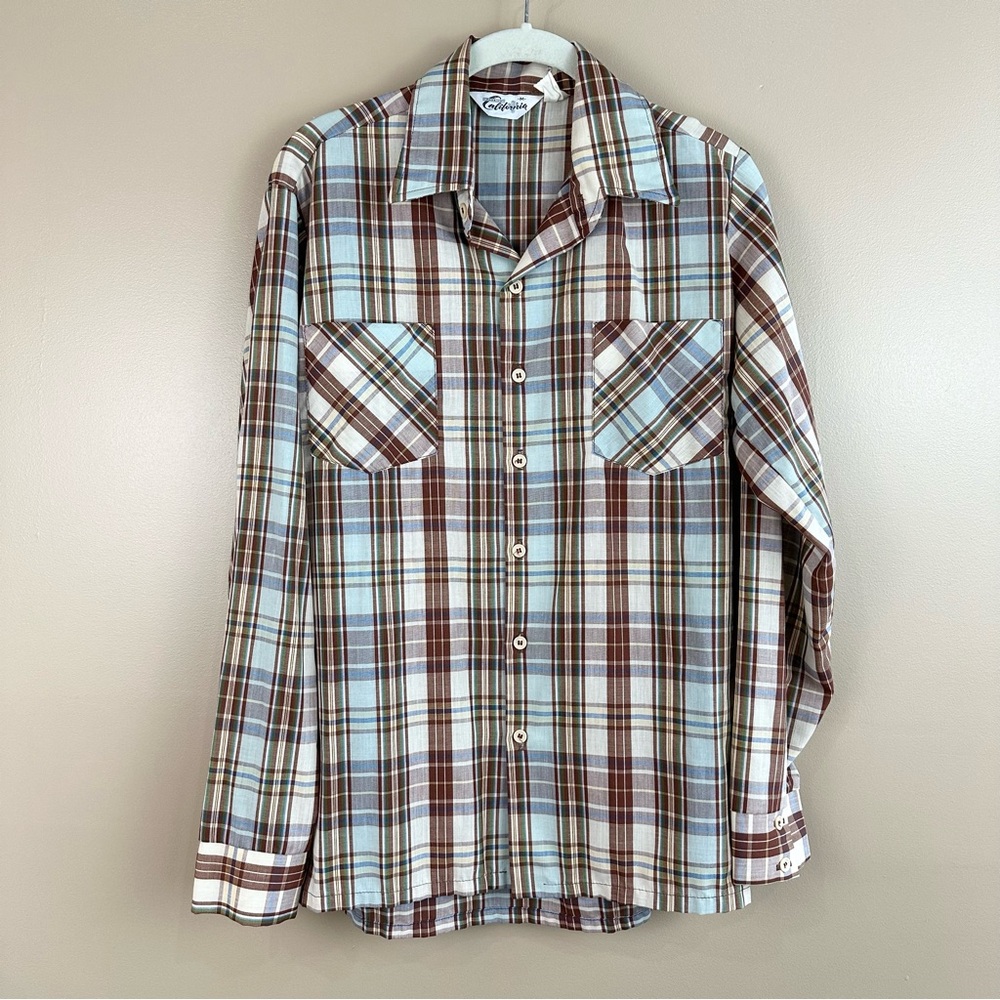 Vintage Made In California Mens Brown Blue Plaid Button Up Shirt M Western 70s ?
